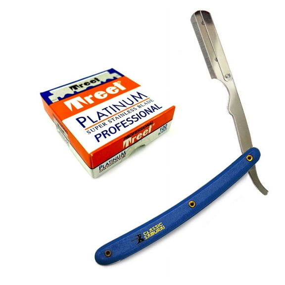 CS101 Blue Stainless Steel Professional Barber Straight Edge Razor with 100 Treet Platinum Single Edge Razor Blades