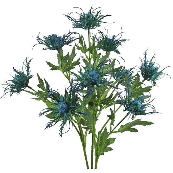 Zukuco Artificial Thistle Flowers Blue Eryngium Flowers 3 Long Stems Faux Thistles Bunch Faux Plant Wedding Bouquet Centerpiece Home Kitchen Office Garden Decor