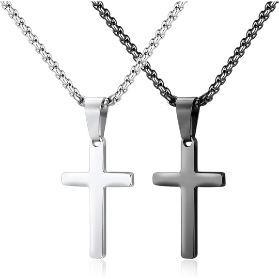 2 Pcs Stainless Steel Cross Necklace Cross Pendant Necklace Rock Punk Chain Necklace for Men Women– Silver Black