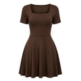 thumbnail image 6 of Women Solid Square Neck Short Sleeve Bodycon Flared Mini Dress, High Stretch Slim Fit A-Line Skater Dress, Casual Club Party Going Out Cute Dresses Coffee M(M), 6 of 6