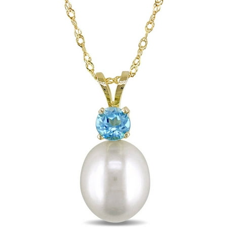 Tangelo 8-8.5mm White Cultured Freshwater Pearl and 1/3 Carat T.G.W. Blue Topaz 14kt Yellow Gold Fashion Pendant, 17