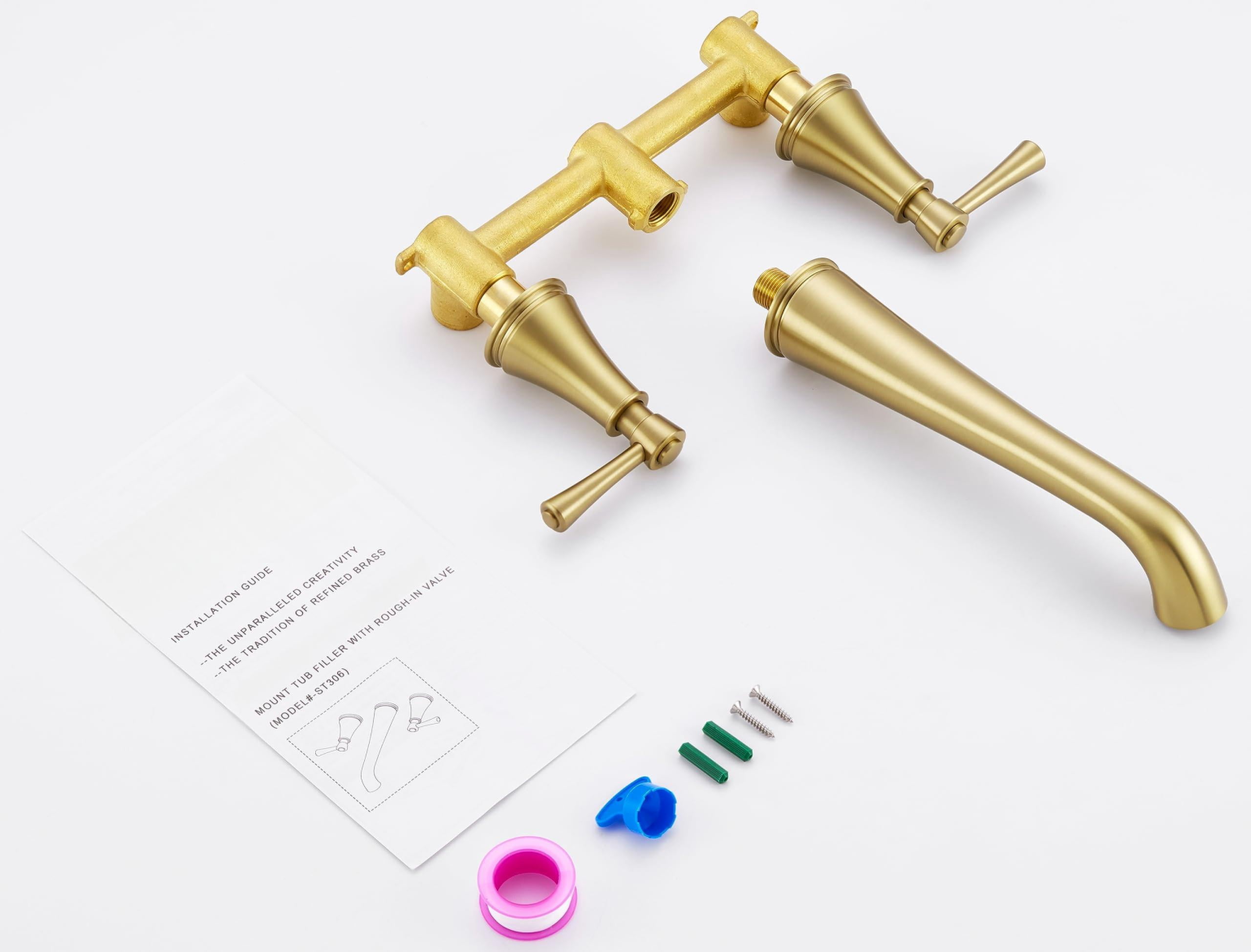 Wall Mount Bathtub Faucet Brushed Gold Solid Brass Extra-Long 10.5" Spout Reach