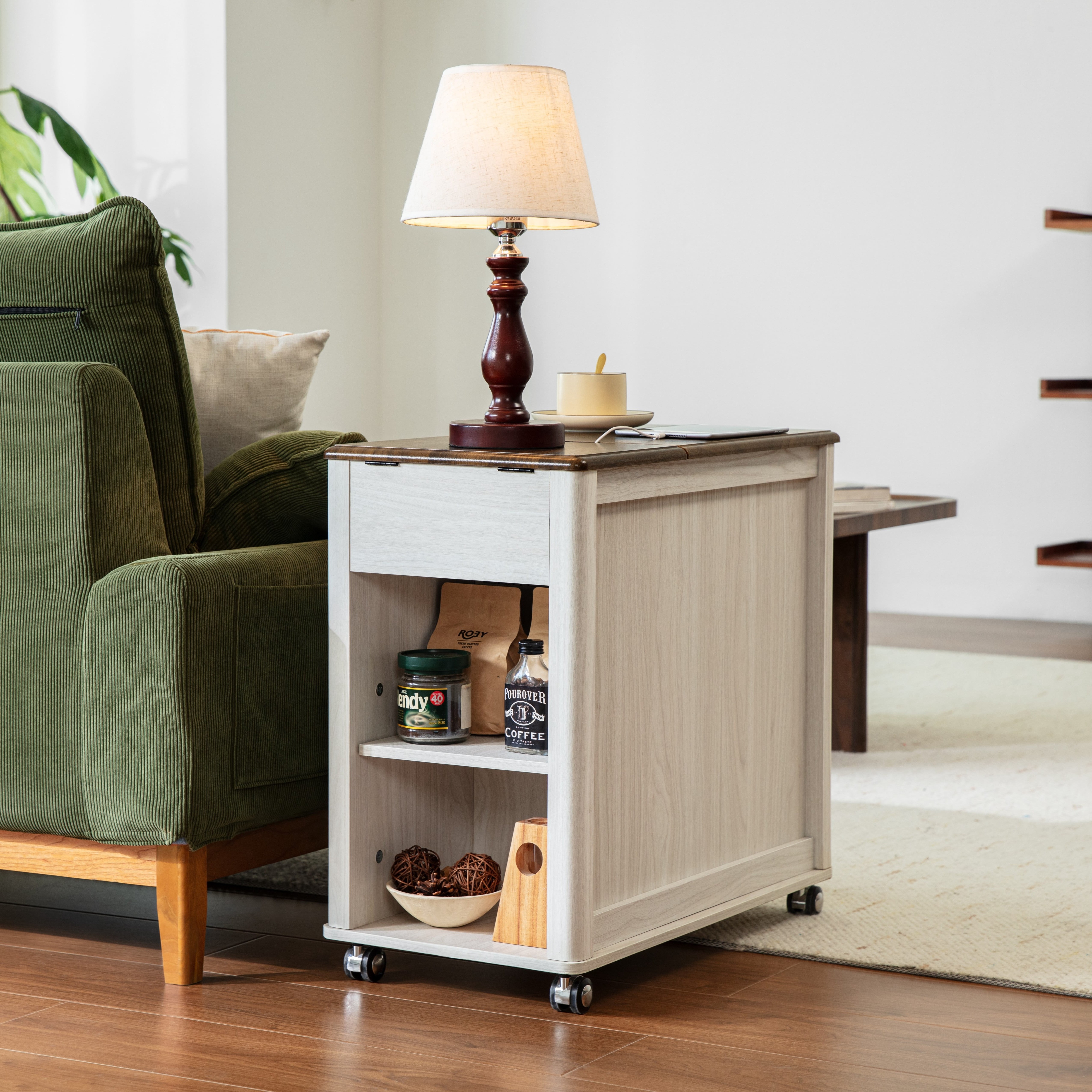 CHIC HOUSE End Tables for Living Room with Charging Station Wheels, Farmhouse Nightstand for Bedroom with Drawer Storage, Wheeled Narrow Side Tables Accent Tables, Small Tables for Small Space, Oak