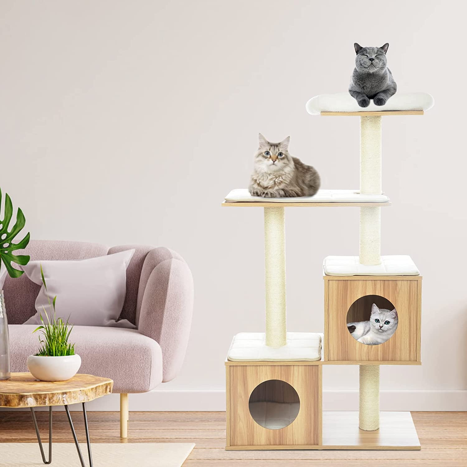 Arlopu 55.6" Cat Tree Tower MultiLevel Wood Cat Condo Furniture with Scratching Post, Washable