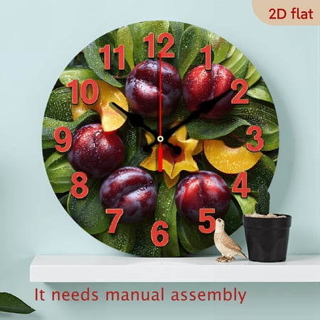 2D Flat 1pc 10Inch Vintage Fruit Wall Clock - Red Apples Green Leaves Decor, Silent Quartz Movement Non-Ticking, Easy-to-Read Black Hands, Kitchen Living Room Dorm Clock, Wooden Frame for Farmho