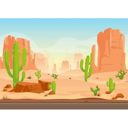 Image of BELECO 7x5ft Fabric Cartoon Desert Cactus Backdrop Wildwest Desert Road Sand Dunes Photography Background Western