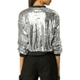 thumbnail image 4 of MODA NOVA Juniors Halloween Costume Christmas Glitter Cropped Long Sleeve Zipper Bomber Jacket Silver L, 4 of 7