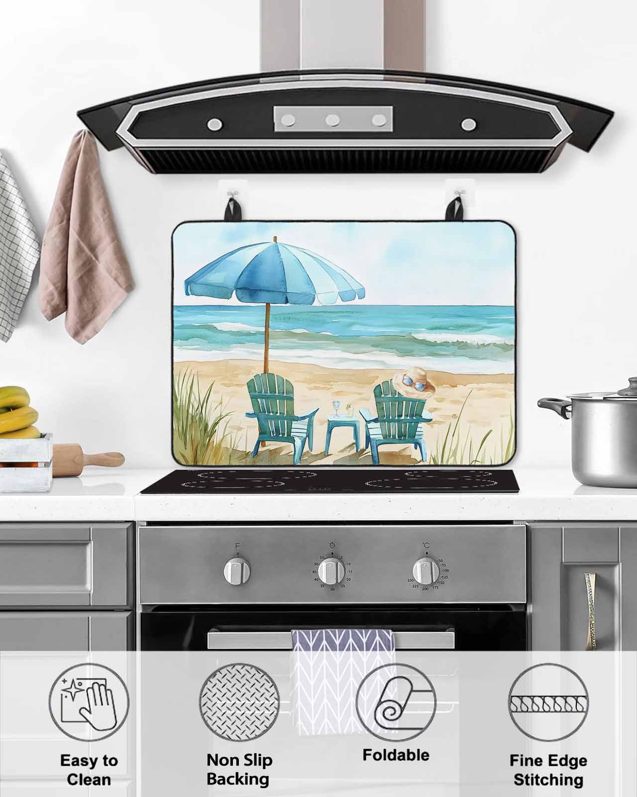 nqOlkjepod Large Induction Cooktop Protector Mat 24"x21", Teal Summer Beach Stove Top Covers for Electric Stove, Coastal Vintage Leisure Ocean Stove Burner Cover Mats, Glass Top Stove Cover