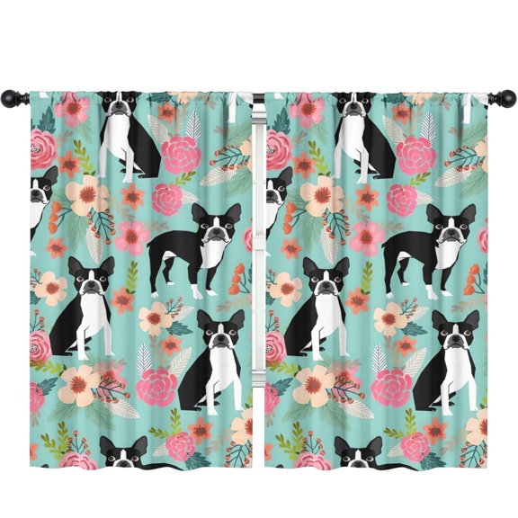 Blackout Kids Curtains,Green Boston Terrier and Flower Childrens Insulated Curtains Set Of 2,Bedroom Essentials,Toddler Room Decor 52x84in(132x213cm)