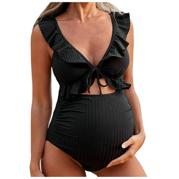 zaveiop Women's Maternity Solid Hollow out Ruffle Trim Tie One Piece Swimsuit Y2K Cut Out Bathing Suits Swimwear (Black, L)