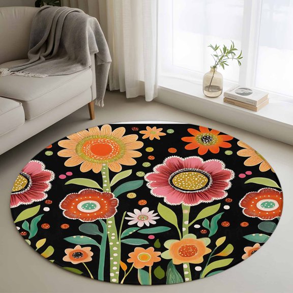 Round Rugs 3.3Ft, Vintage Sunflower Round Area Rug Washable Indoor Throw Carpet, Black Boho Summer Botanical Soft Non Slip Circle Rug for Laundry Room Patio Home Decor Aesthetic