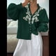 thumbnail image 5 of Camisas de Bordadas para Mujer, Blusa con Cuello en V y Mangas Abotonadas Verde M, 5 of 10
