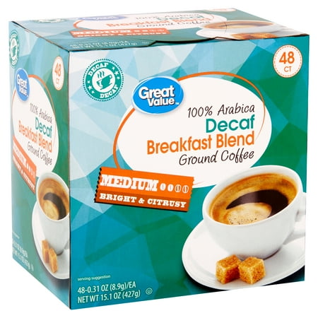 Great Value 100% Arabica Decaf Breakfast Blend Medium Ground Coffee, 0.31 oz, 48 count