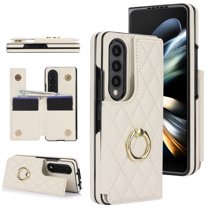 ELEHOLD Luxury Wallet Case for Samsung Galaxy Z Fold 3, Faux Leather Non-Slip Grip Ring Holder Flip Kickstand Card Cash Slot Shockproof Protection Case for Samsung Galaxy Z Fold 3 ,White