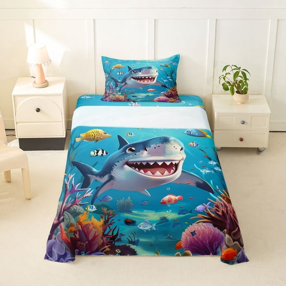 Feelyou Kawaii Cute Cartoon Shark Coral Sea Twin Sheet Sets for Girls Boys, Tropical Underwater Marine Bedding, Blue, 3 Pieces