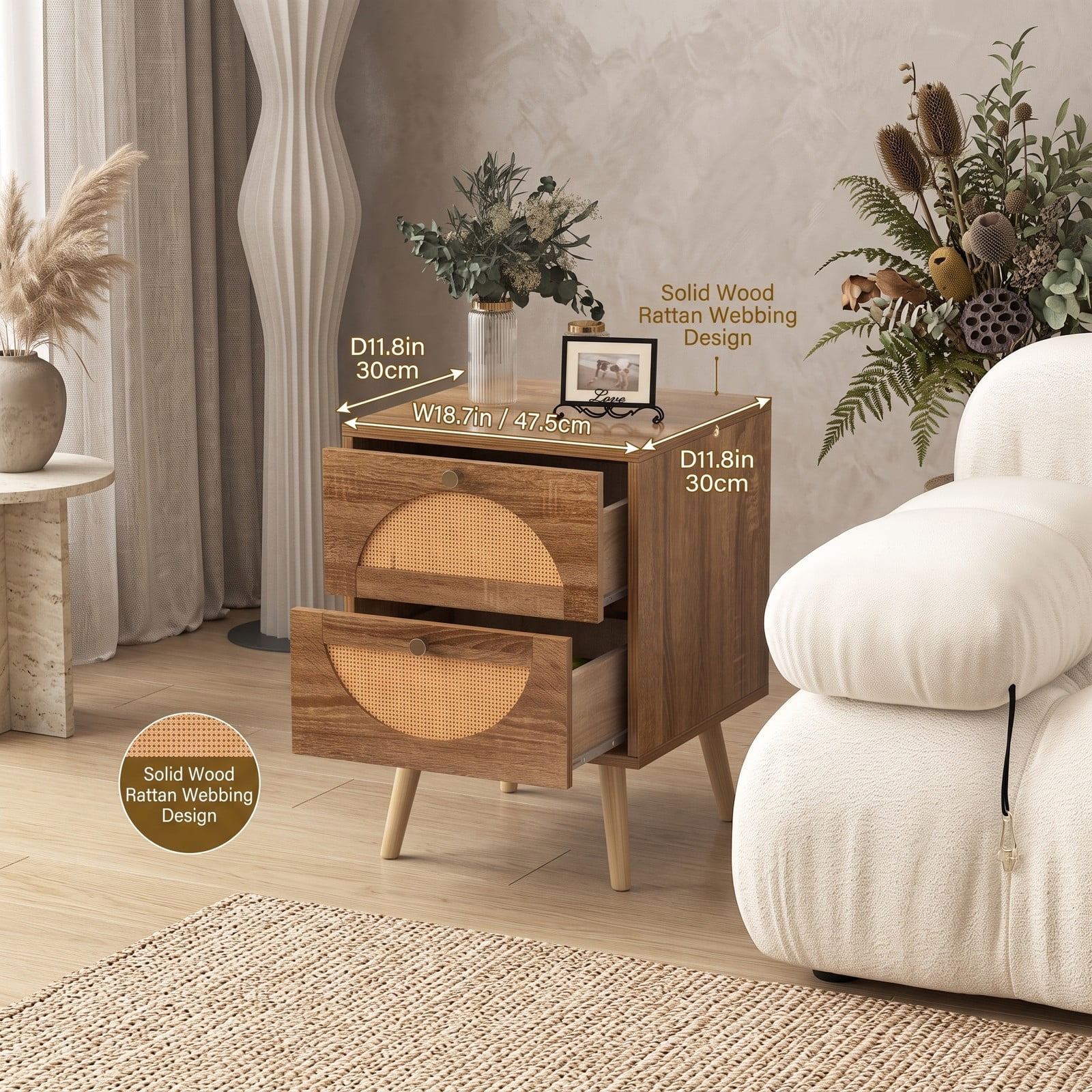 Furnibear Set of 2 Rattan Nightstands with 2 Drawers and Raised Solid Wood Legs for Bedroom Living Room and Guest Room, Natural