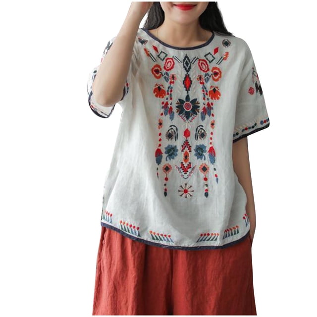 Tops de Algodón de Lino para las Mujeres Bordado Retro Suelto de Manga Corta de Gran Tamaño, Cuello Redondo