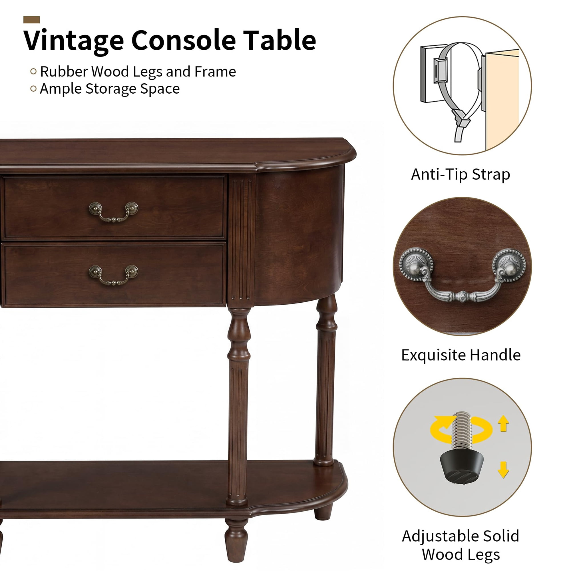 LKTART 43" Curved Console Table with 2 Drawers and Open Shelf, Solid Wood Legs Half Moon Sofa Table for Entryway & Hallway, Walnut Finish