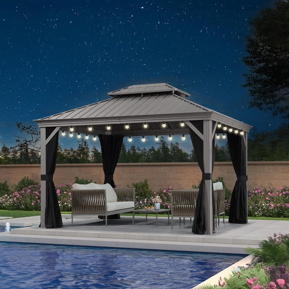 PURPLE LEAF 10' x 12' Hardtop Gazebo with String Lights Outdoor Metal Double Galvanized Steel Roof Gazebo for Patio Deck Backyard Permanent Pavilion Gazebo with Aluminum Frames, Light Grey