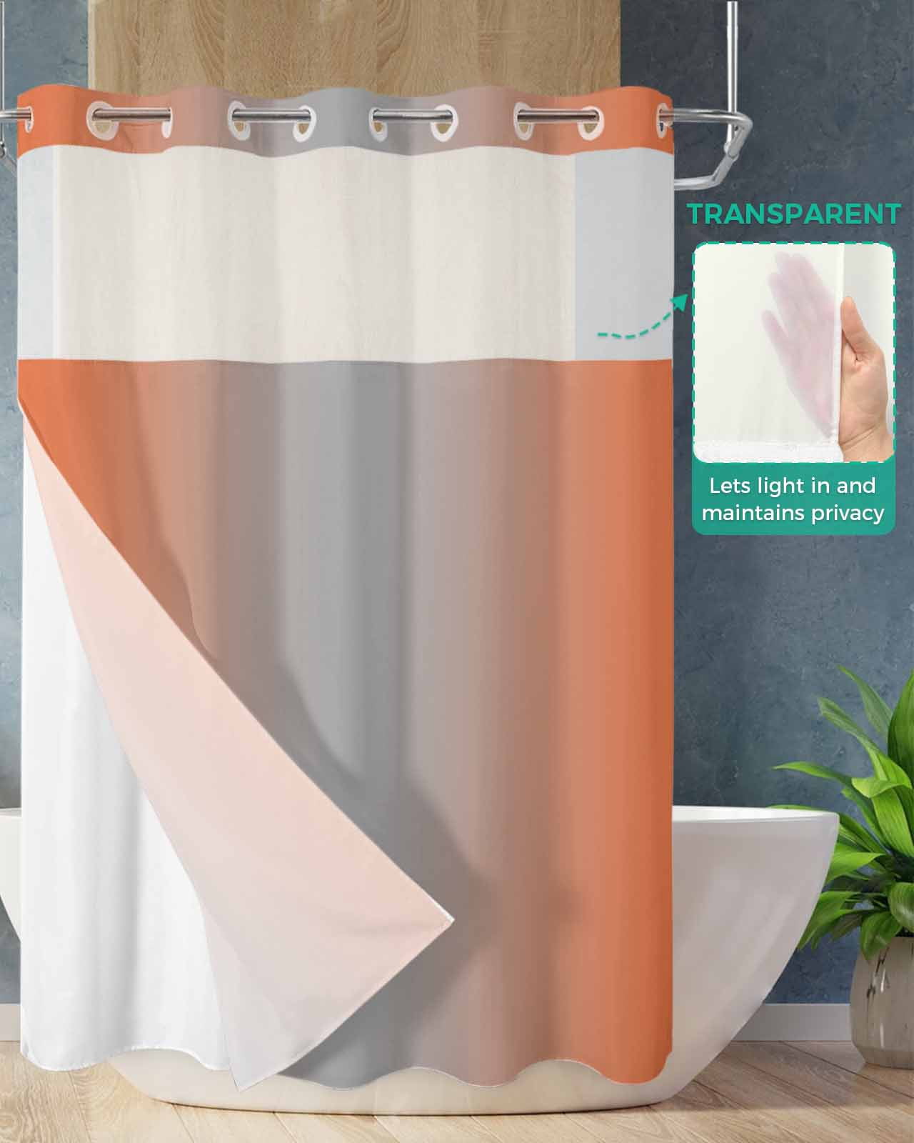 No Hook Shower Curtain with Snap in Liner, Ombre Abstract Gradient Orange and Gray Hotel Shower Curtains for Bathroom, Washable Shower Curtain Liner Set with Mesh Top Window, 72"x96"