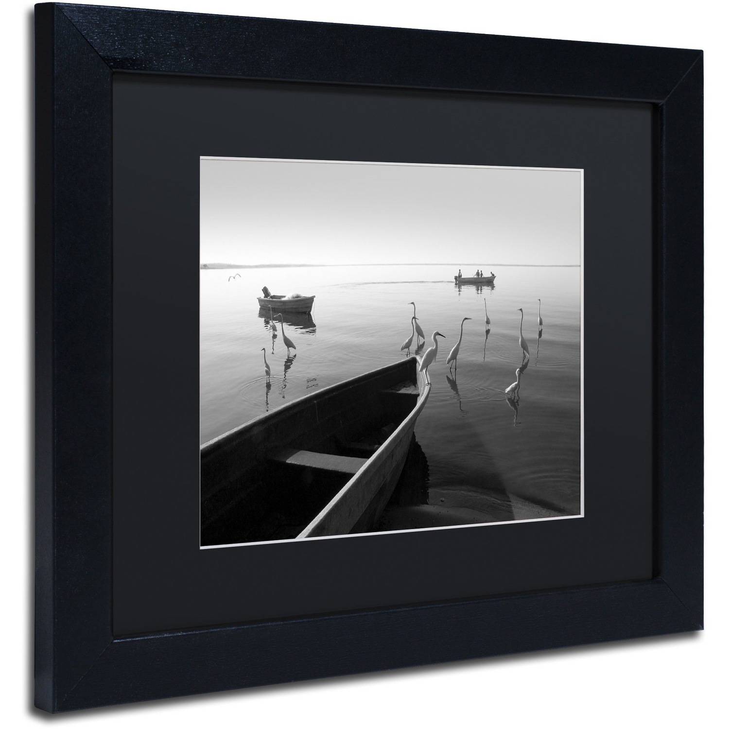 Moises Levy 'Herons and 3 Boats' Black Matted Framed Art