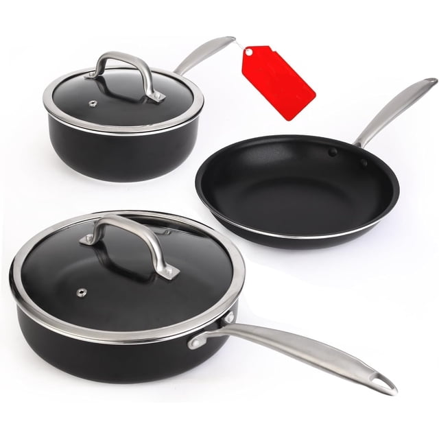 Induction Pots and Pans Set, 5 Pcs Non Stick Cookware Set with Stainless Steel Handle, Non Toxic Kitchen Cookware Sets for Oven & Dishwasher Safe,100% PFOA Free, Black