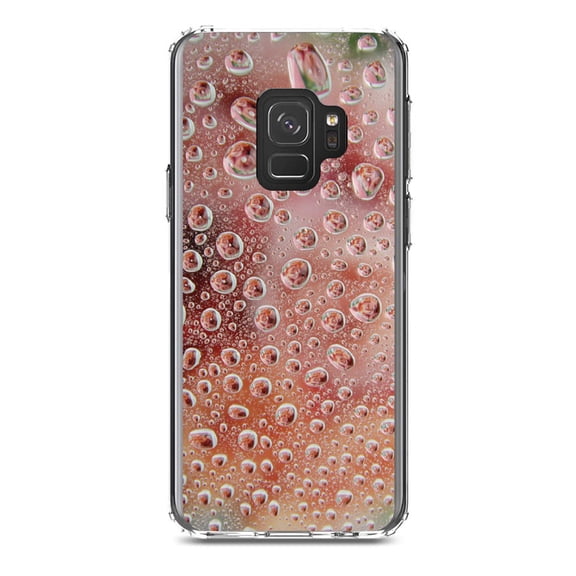 DistinctInk Clear Shockproof Hybrid Case for Samsung Galaxy S9 (5.8" Screen) - TPU Bumper, Acrylic Back, Tempered Glass Screen Protector - Red Water Droplets Glass