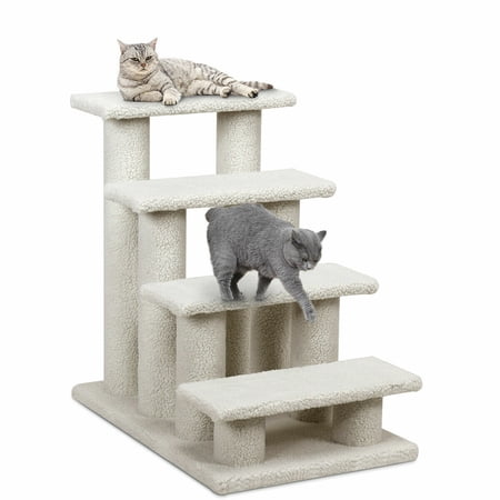 Premium 24-Inch Pet Stairs with 4 Steps, Carpeted Ladder, Ramp, and 8 Scratching Posts - Cat Tree Climber