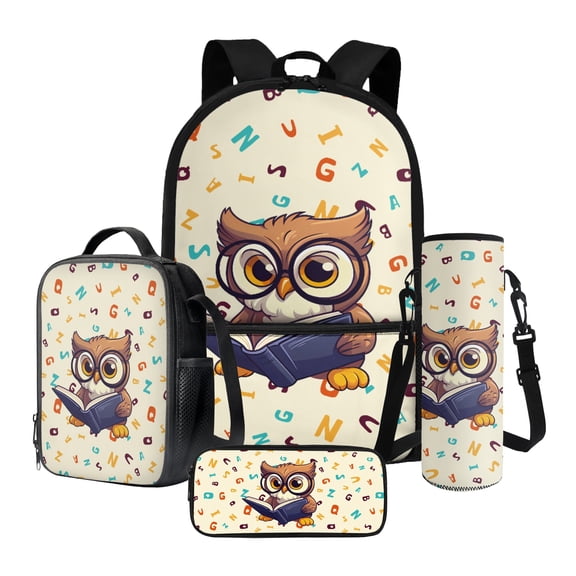 ZUXONGSY Cartoon Owl Book Print 4 Pack Backpack Set for Kids Boys Girls 17 In Preschool Backpack with Lunch Box Pen Case and Water Bottle Holder Large Capacity Toddler Kindergarten School Bookbag