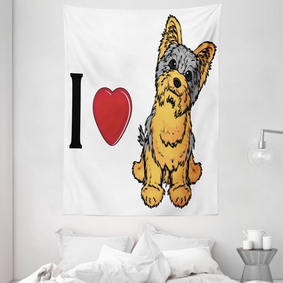 Yorkie Tapestry, I Love Yorkshire Terrier Cute Dog Smiling Animal Tilted Head Love Print, Wall Hanging for Bedroom Living Room Dorm Decor, 60W X 80L Inches, Marigold Pale Grey, by Ambesonne