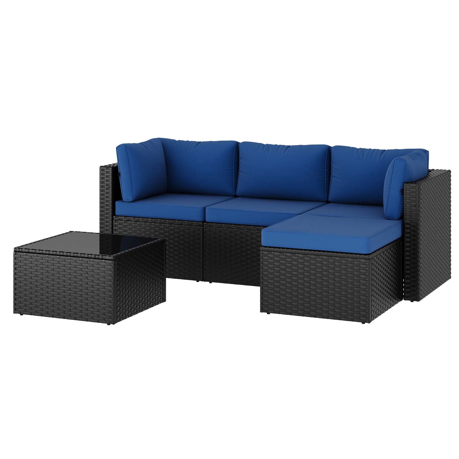 BaPiPro 5 Piece All-Weather PE Rattan Modular Patio Furniture Set, Sectional Conversation Sofa with Thick Removable Cushions & Tempered Glass Coffee Table for Backyard Poolside Garden, Navy Blue