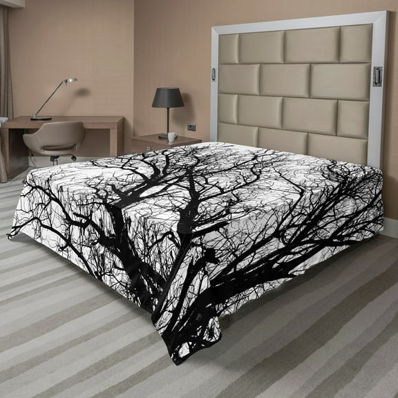 Ambesonne Nature Flat Sheet, Autumn Fall Tree Branch, California King, Black and White