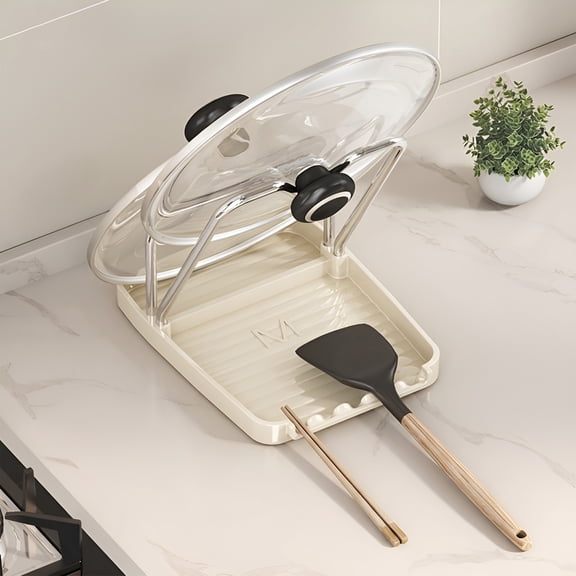 Countertop 2-Tier Pot Lid Rack with Drip Tray, Multifunctional Stainless Steel Kitchen Utensil Holder, Off White