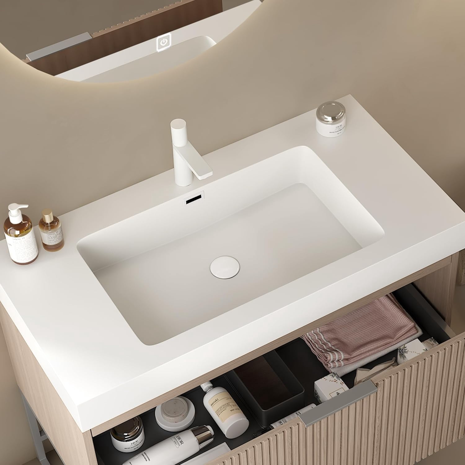 30"Bathroom Vanity with Sink Combo, Modern Plywood Striped Storage Cabinet with Drawer and Open Shelf, Freestanding Bathroom Vanities, Pre-Assembled, Light Brown Oak