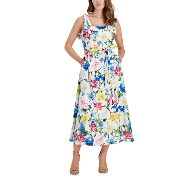 Anne Klein Womens Floral Shift Midi A-line Dress, white, 6