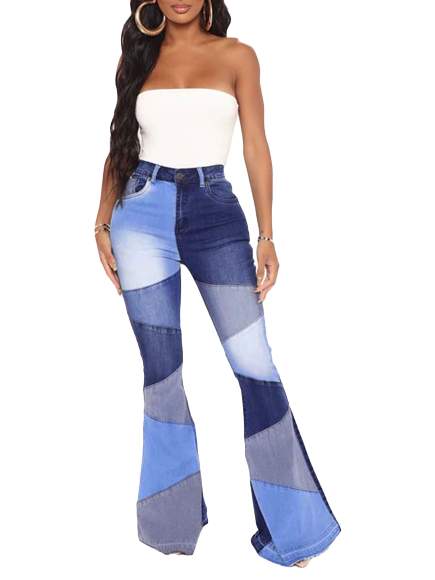 Sunisery Skinny Bell Bottom Jeans for Women Patchwork High Waisted