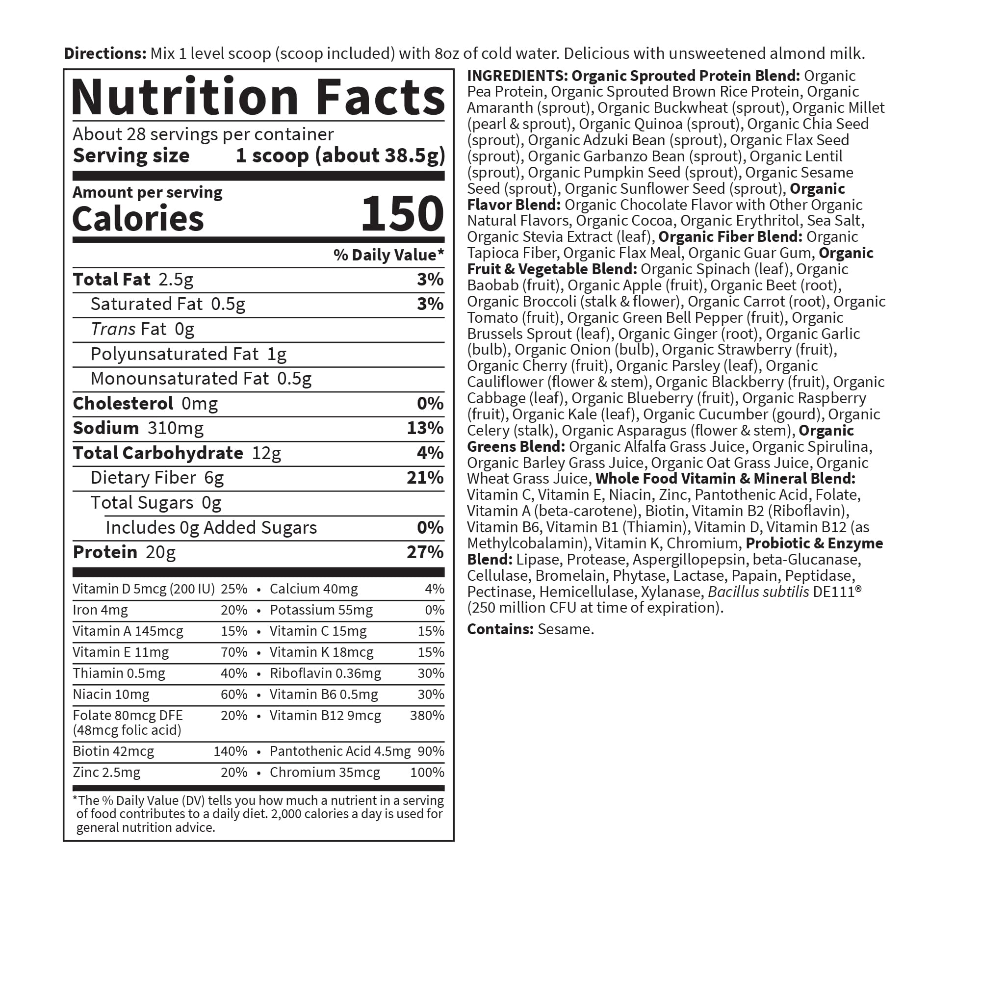 Garden of Life Raw Organic Meal Plant-Based Protein Powder, Chocolate, 28 Servings