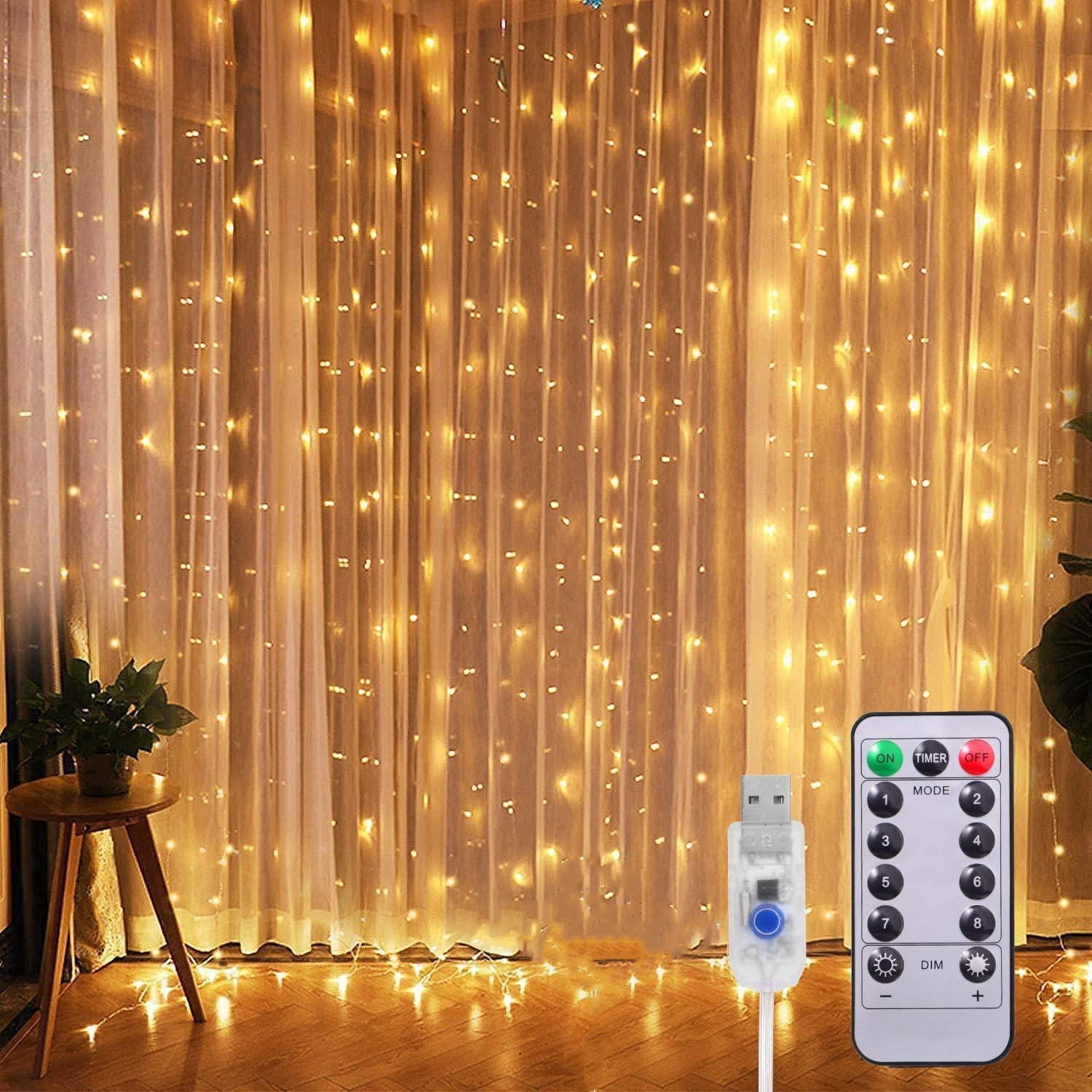 Timer Curtain String Twinkle Lights W 8 Modes Decor for Christmas Garden Bedroom 