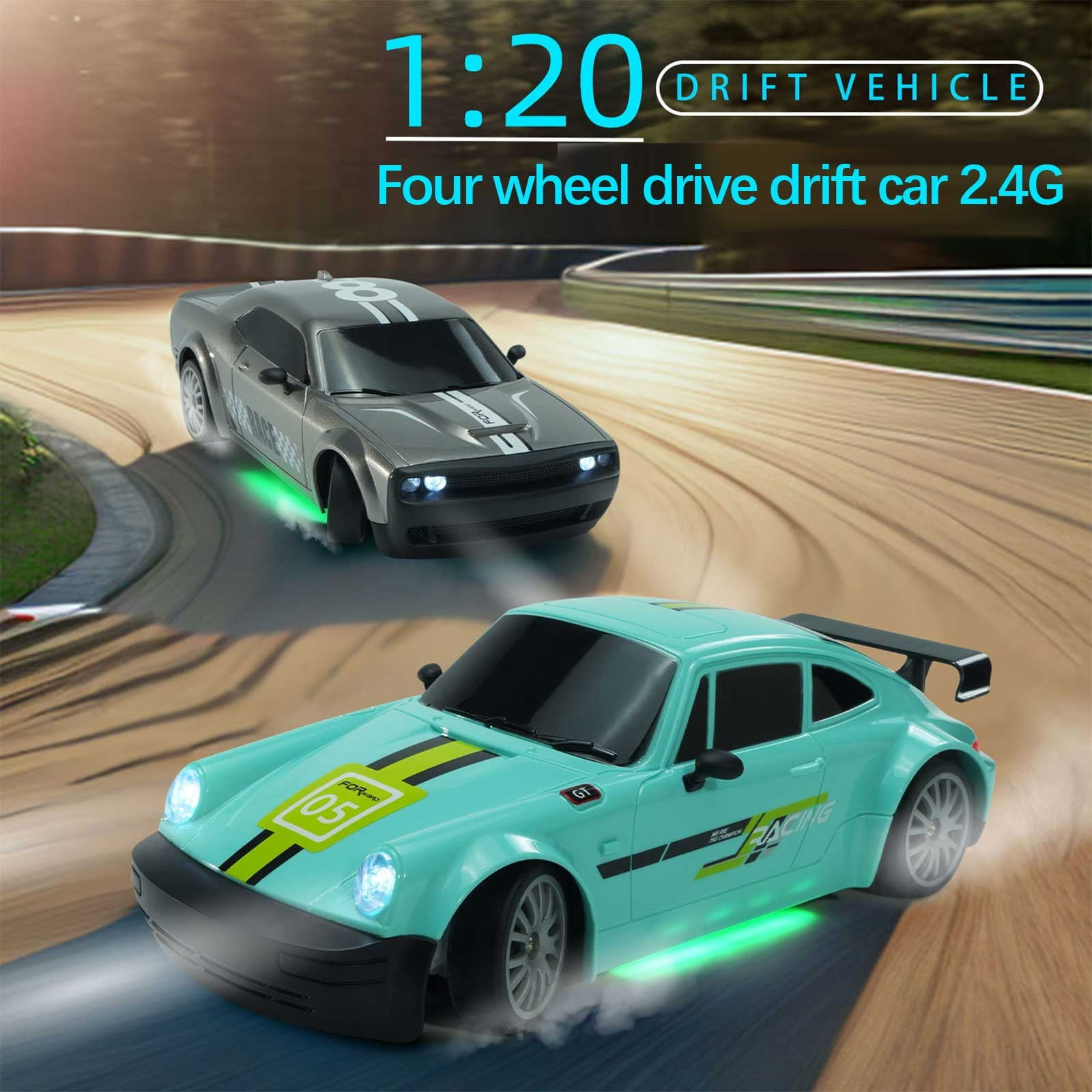 ​1:20 Scale RC Drift Car - 2.4GHz 4WD, 20KM/H High Speed, Rechargeable, LED Lights & Drift Tires (Remote Control Racing Car)​​ B