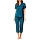 thumbnail image 1 of INSPIRE CHIC Conjuntos de Pijamas de Satén para Mujeres, Parte Superior de Botón de Manga Corta con Pantalones Capri 2 Pcs Ropa de Casa XL Azul Pavo Real, 1 of 6