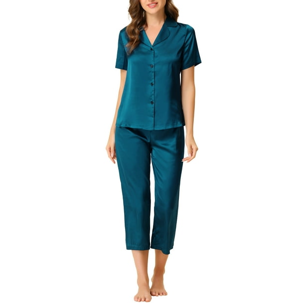 INSPIRE CHIC Conjuntos de Pijamas de Satén para Mujeres, Parte Superior de Botón de Manga Corta con Pantalones Capri 2 Pcs Ropa de Casa XL Azul Pavo Real