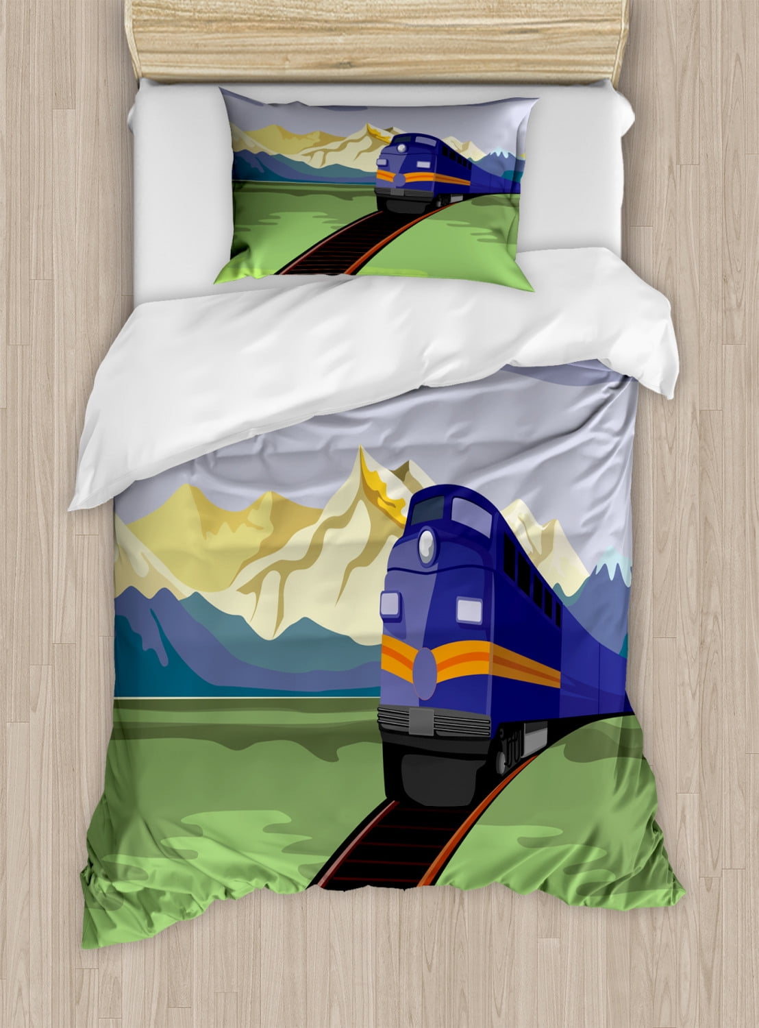 Railroad Duvet Cover Set Twin Size, Countryside Scene with Mountains