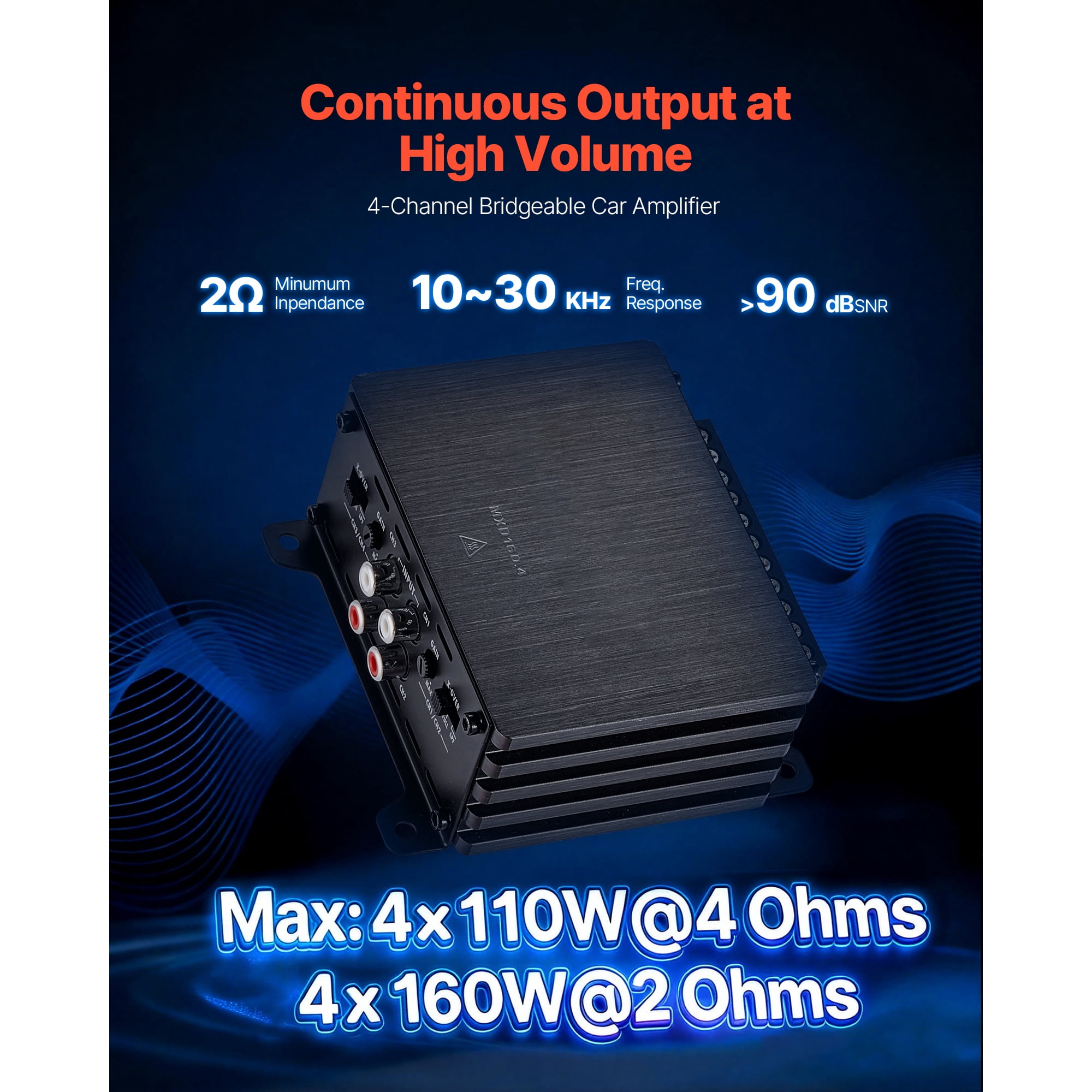KFFKFF 4-Channel Car Audio Amplifier, 2 Ohm Stable, Bridgeable Class D Full Range Amp, Max Output: 4 x 110W @ 4 Ohm / 4 x 160W @ 2 Ohm, Suitable for Cars, SUVs, Trucks, and Off-Road Vehicles