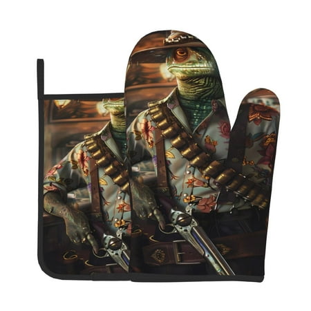 

Tebeau Cowboy Iguana Floral Shirt Print Oven Mitts and Pan Racks 2-Piece Set Kitchen Oven Mitts and Pan Racks Heat Resistant 500 °F for Baking and Cooking