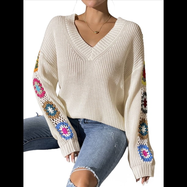 Suéteres de Punto de Larga con Estampado Floral Bohemio Clásico para Mujer, Estilo Informal, para Otoño e Invierno 2025. Albaricoque M