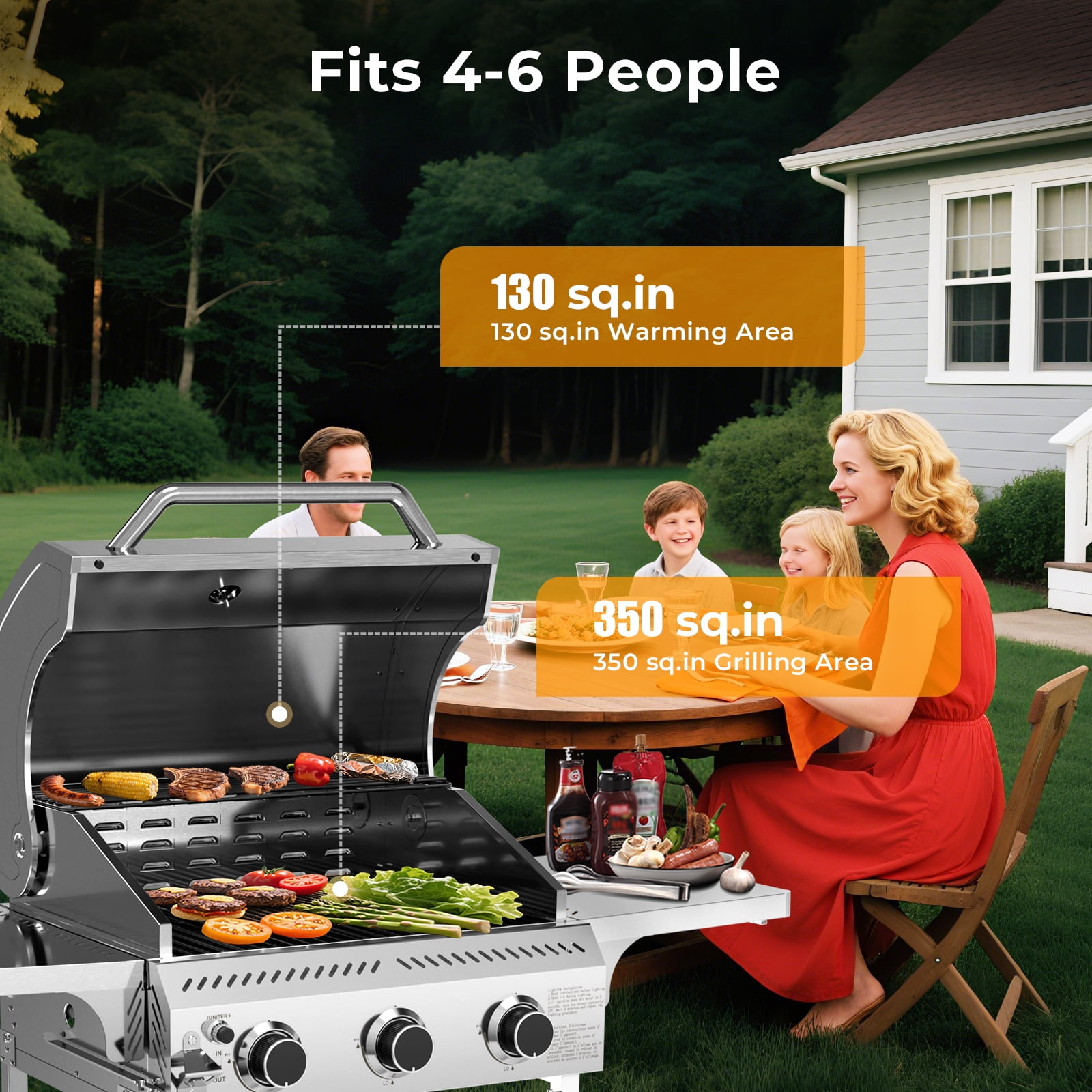 WAA 3-Burner Propane Gas Grill,24000BTU Stainless Steel BBQ with Foldable Side Tables & Durable Grates - Ideal for Outdoor Backyard/Patio Cooking