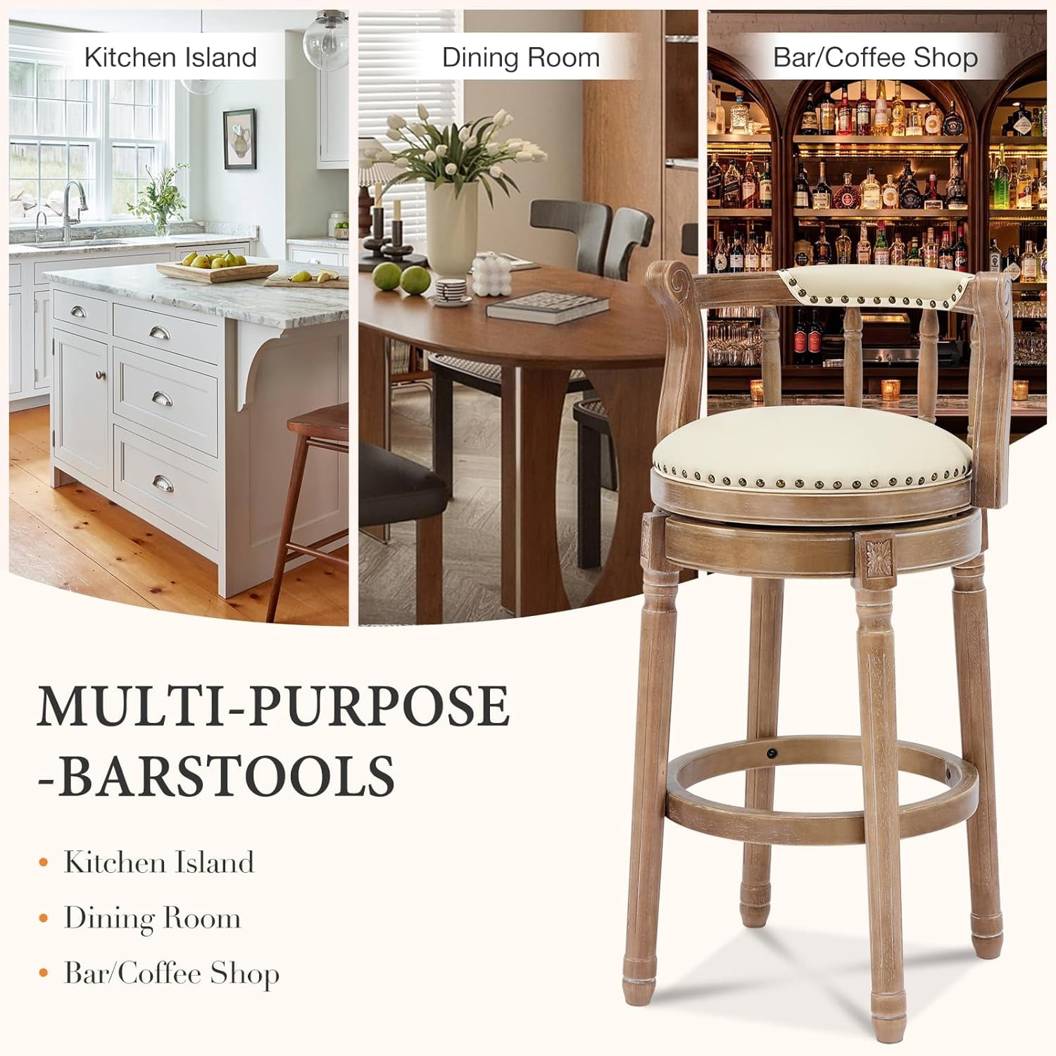 Aulife Bar Stools Genuine Leather Counter Height barstool Wooden Swivel kitchen Stool with Footrest for Kitchen Dining Room