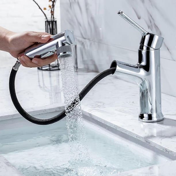 Modern Bathroom Faucet,Brass Bathroom Mixer Tap with Pull Out Spray,Hand Wash Basin Faucets,Hot and Cold Water Available,Chrome Plated