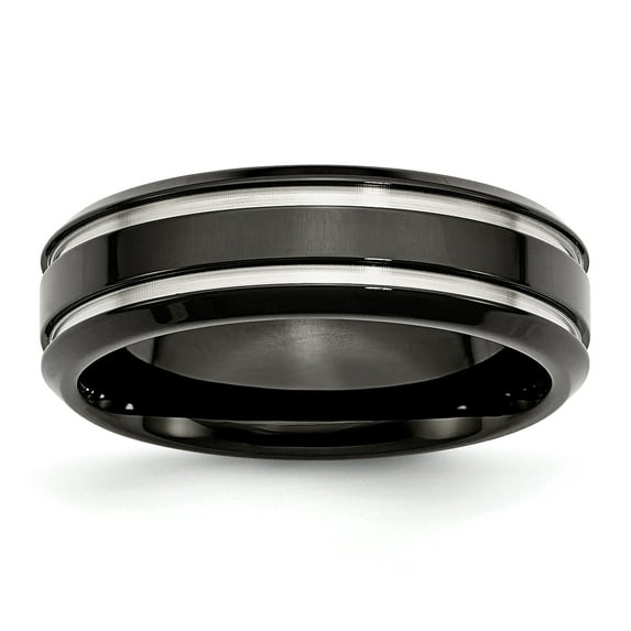 Beautiful Stainless Steel Black IP-plated Grooved and Polished 7mm Band