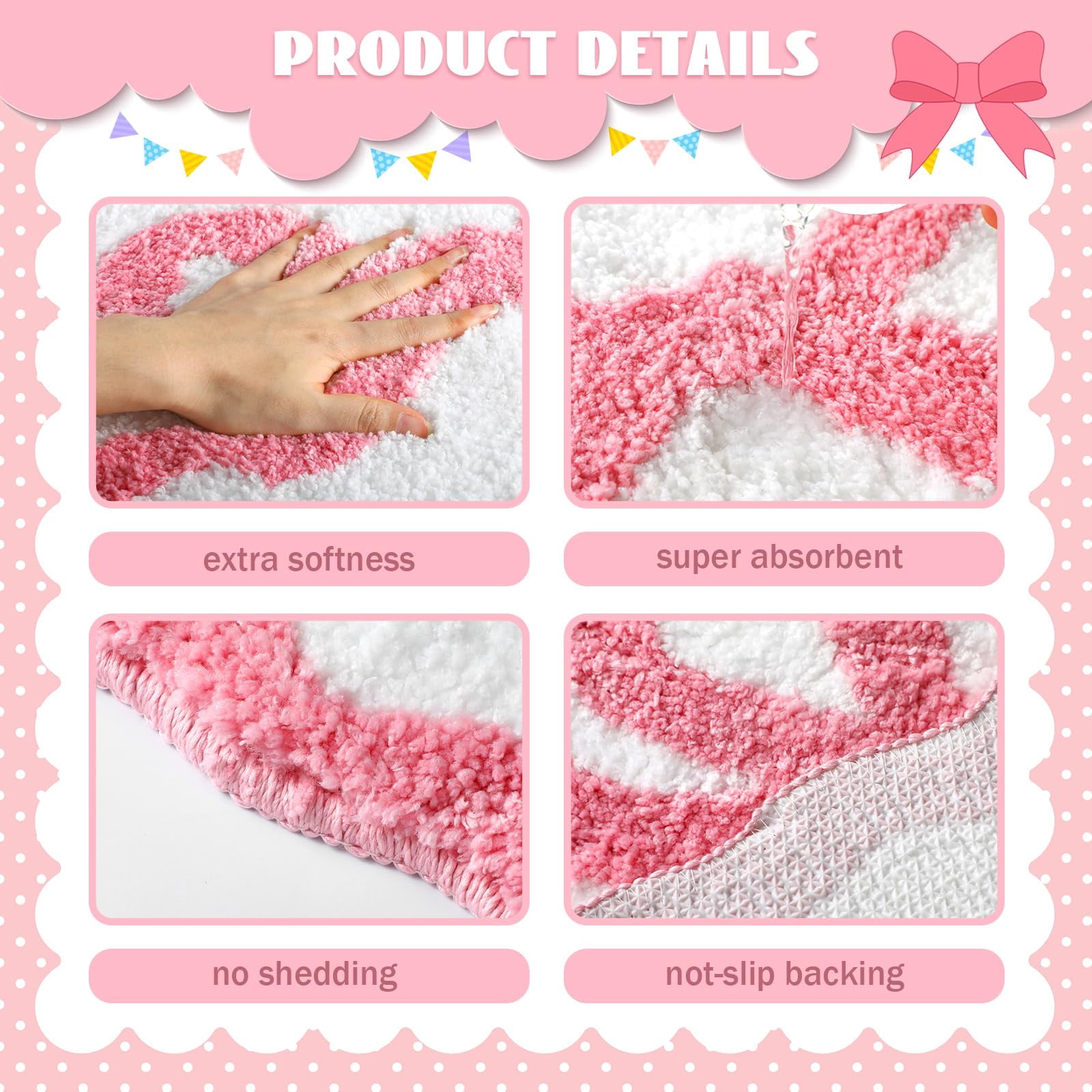 Pink Bow Bathroom Rug 16" x 24", Scalloped Bow Bath Mat Non Slip, Cute Aesthetic Coquette Carpet, Microfiber Absorbent Bath Mat for Bathtub Shower Bedroom Valentine Decor